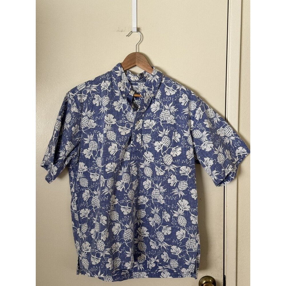 Reyn Spooner Hawaiian Shirt Large Blue Floral Pineapple Short Sleeve Classic Fit